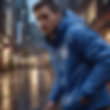 A person navigating urban streets wearing a blue windbreaker