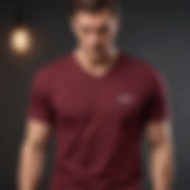 Elegant display of a burgundy v neck t-shirt on a minimalist background