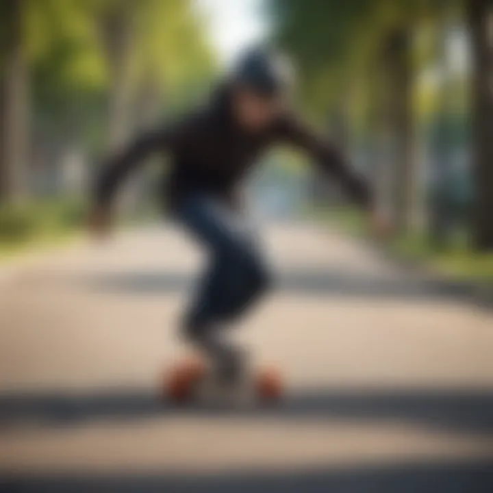 A novice skateboarder practicing with training wheels in a park