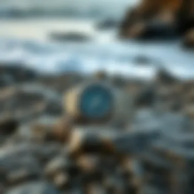 A salt water watch resting on a rugged rocky beach with ocean waves in the background.