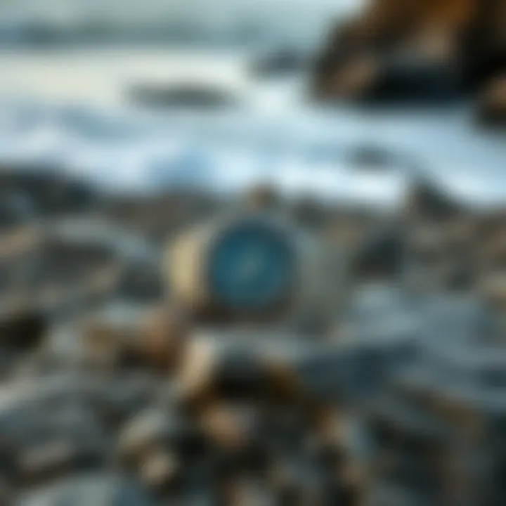 A salt water watch resting on a rugged rocky beach with ocean waves in the background.