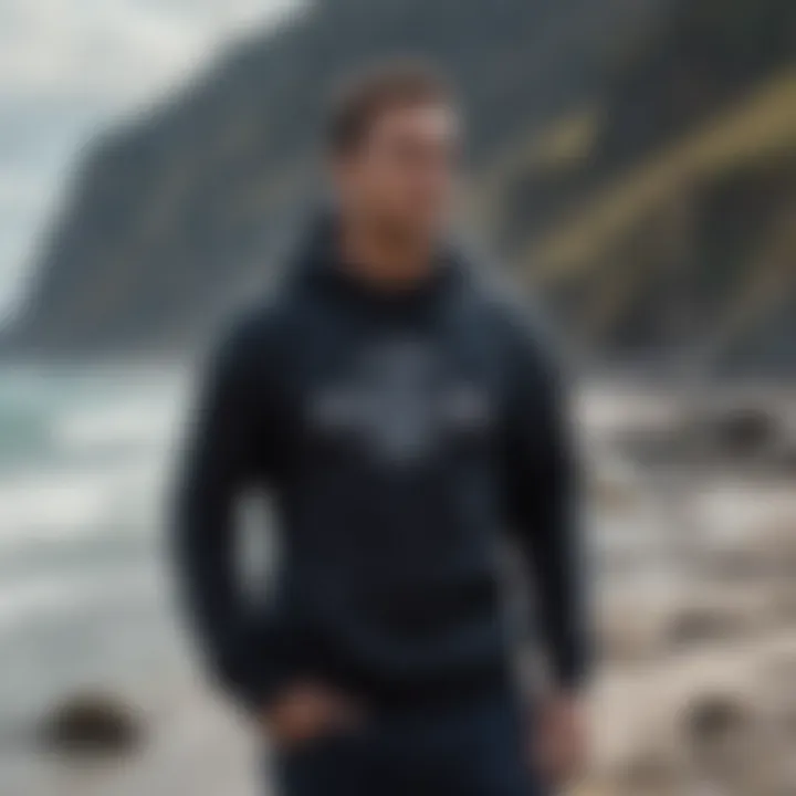 A serene landscape showcasing an adventurer's journey while wearing the dark seas sweatshirt.