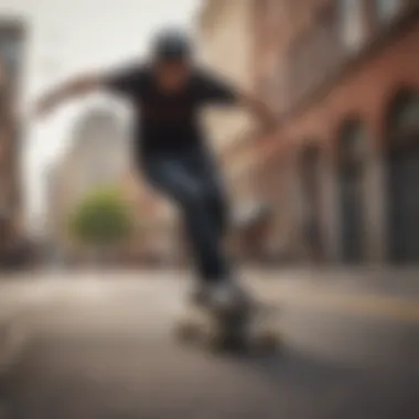 An action shot of a rider performing tricks on a skateboard in an urban environment.