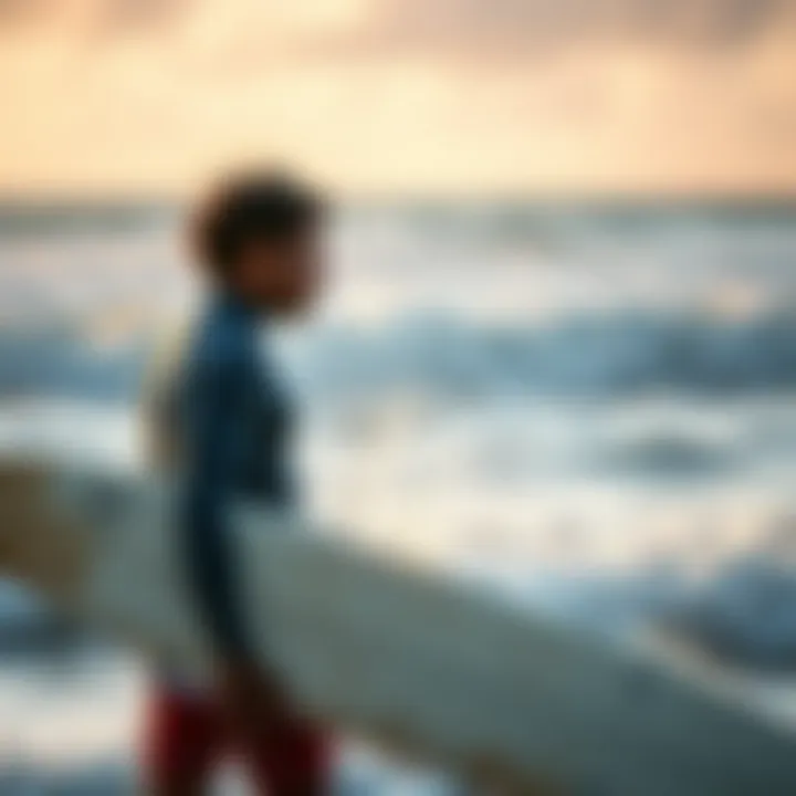 Community Engagement An eco-conscious surfer engaging in a beach cleanup initiative