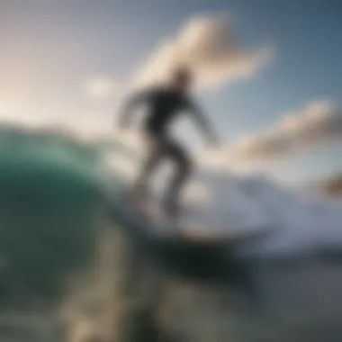 An exhilarating moment of a surfer riding a wave on a hover surfboard