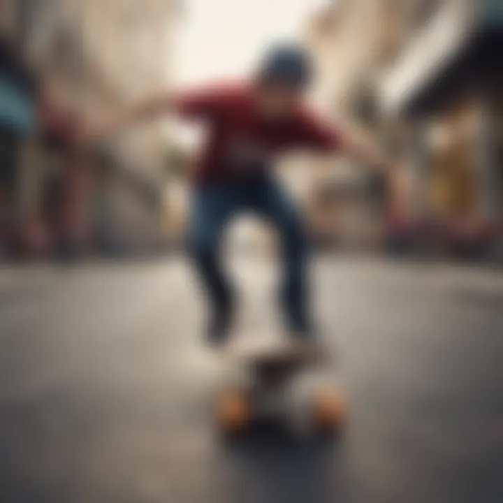 A vibrant street scene featuring a young skateboarder performing tricks on a lightweight skateboard.