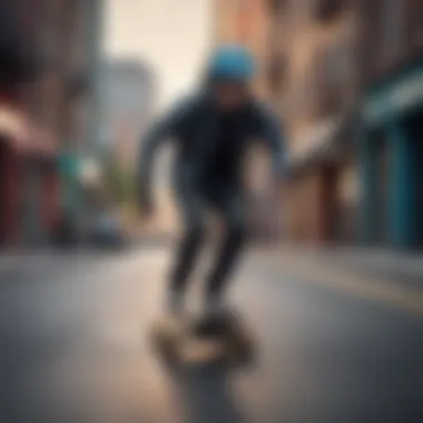 A scenic view of a rider navigating a vibrant urban landscape on an electric skateboard.