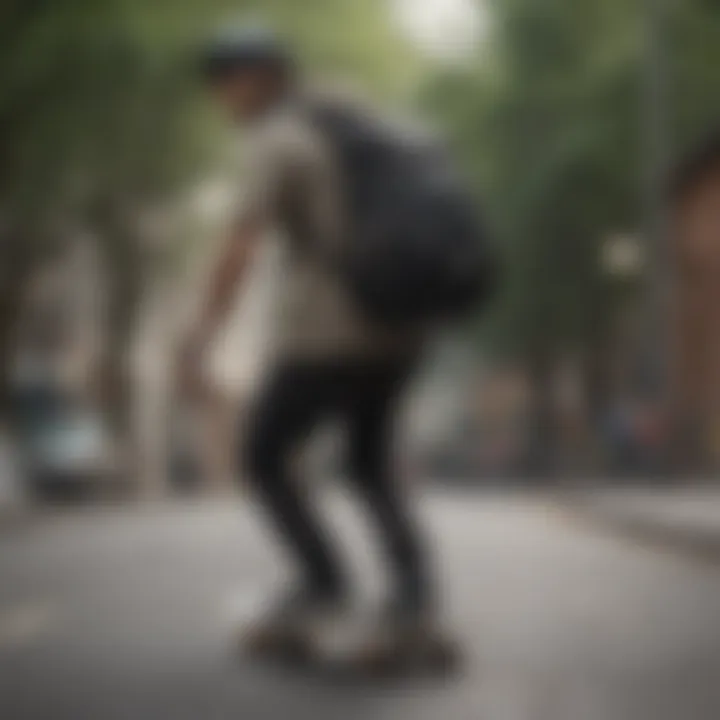 A skateboarder showcasing their backpack while performing tricks.