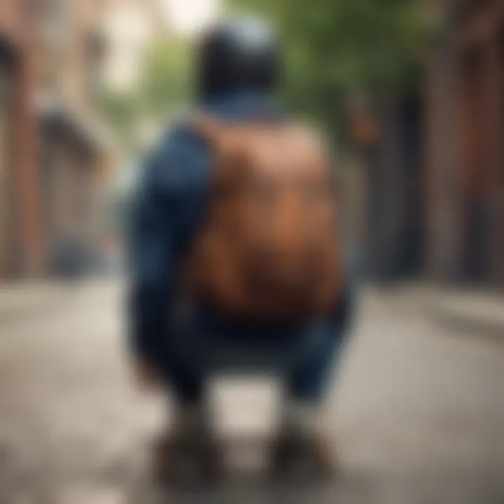 A stylish skateboarder carrying a functional backpack while riding.