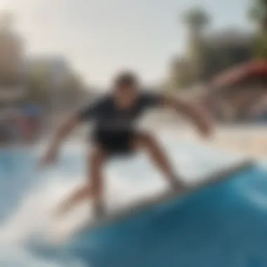 A close-up of a rider demonstrating advanced techniques on the Flowrider, illustrating skill and balance.