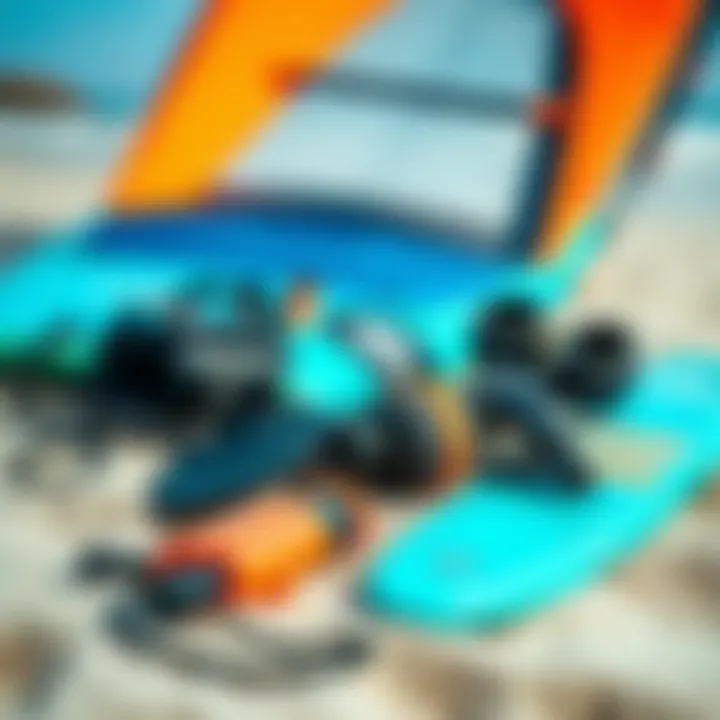 A close-up of essential windsurfing gear laid out on sandy beach