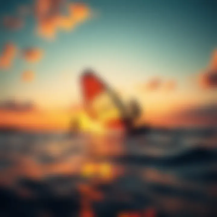 A vibrant sunset reflecting on calm waters with a windsurfer in action