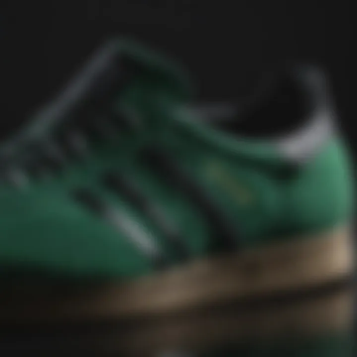 Close-up of materials used in green velvet Adidas shoes highlighting craftsmanship.