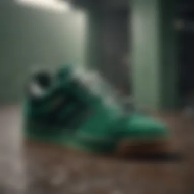 Fashion-forward styling options with green velvet Adidas shoes in various settings.