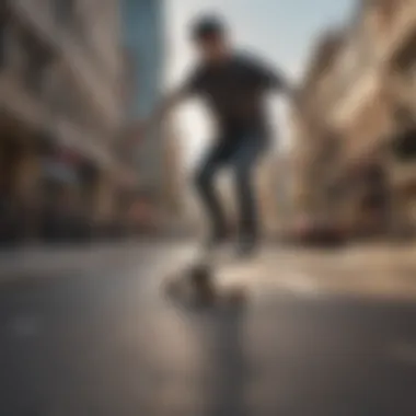 An urban landscape with skateboarders practicing while being filmed