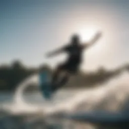 A wakeboarder performing a stylish aerial trick above the water, showcasing skill and precision.
