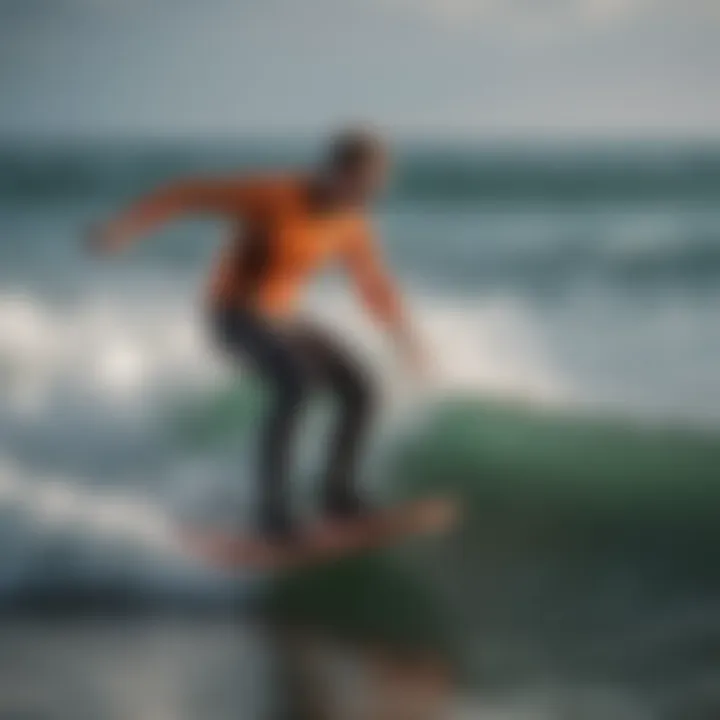An action shot of a rider skillfully maneuvering on the Morey skimmer board amidst waves.