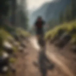 A breathtaking view of a mountain biker navigating a challenging trail