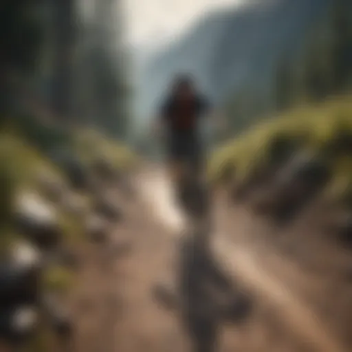 A breathtaking view of a mountain biker navigating a challenging trail