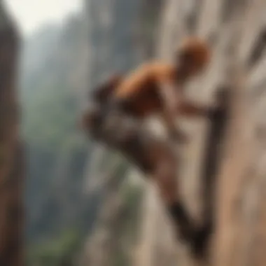 Rock Climbing Challenge A close-up of a rock climber scaling a steep cliff, showcasing determination
