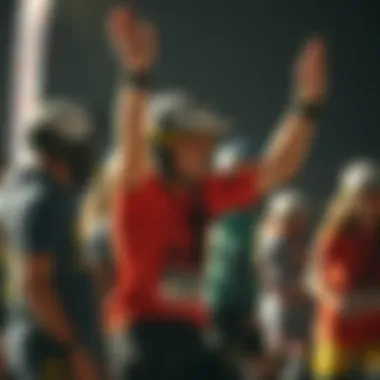 A group of extreme sports enthusiasts celebrating at a competition