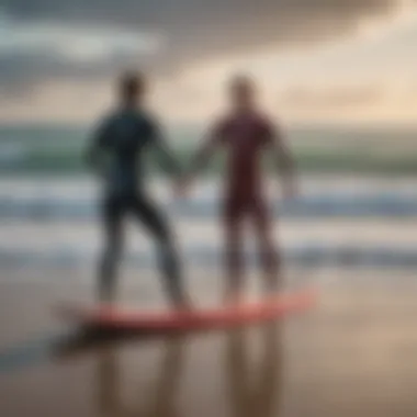 Surf instructor teaching a beginner on the beach