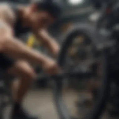 A cyclist performing maintenance on their bike, highlighting preparation and care