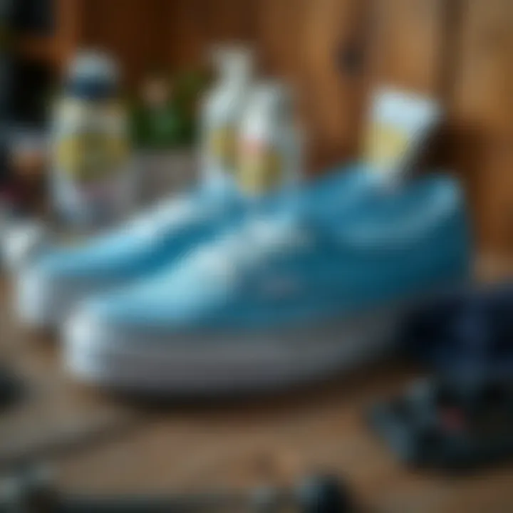 Light blue Vans slip-ons on a wooden surface with care products