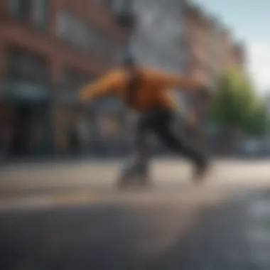 Dynamic wide skating maneuver on an urban street