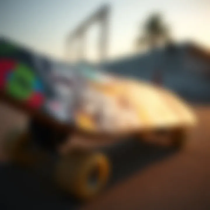 Close-up of a skateboard adorned with stickers reflecting personal style