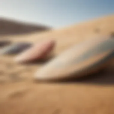 Close-up of a variety of sand surfing boards