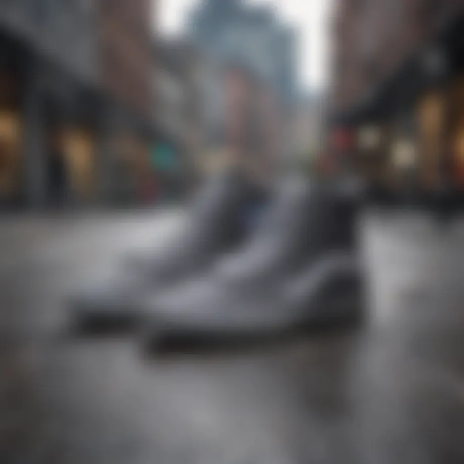 Stylish grey Vans hi tops showcased on a dynamic urban background