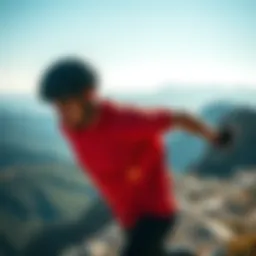 Dynamic athlete showcasing a 2-in-1 t-shirt during a mountain climb.