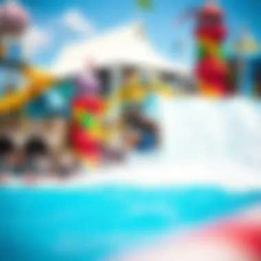 Vibrant Water Park Attractions An overview of a vibrant water park featuring multiple attractions and the Flowrider