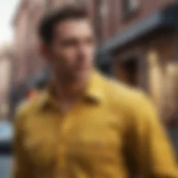 A stylish yellow shirt paired with tailored trousers in a modern urban setting.