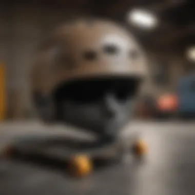 Different types of helmets displayed on a skateboard
