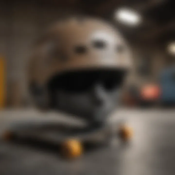 Different types of helmets displayed on a skateboard