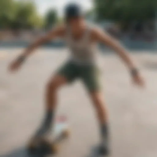 Vibrant graphic shorts on an athlete showcasing dynamic movement in a skate park