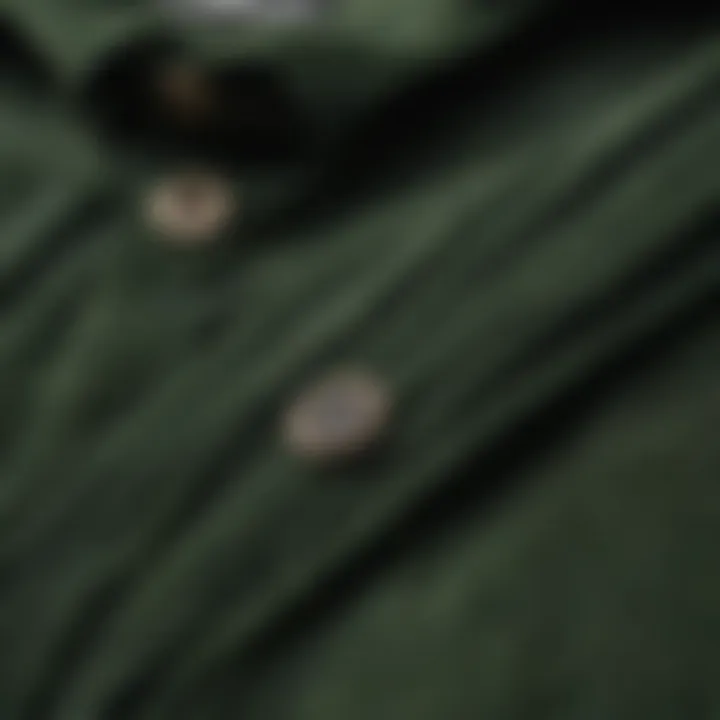 A close-up of the fabric texture of a green corduroy button-up shirt