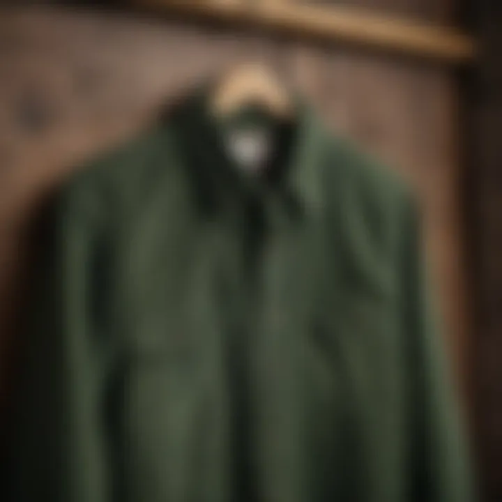 A vintage green corduroy button-up shirt displayed on a wooden hanger