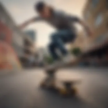 Thrilling Urban Skateboarding with Grimple Stix A skateboarder performing tricks on a Grimple Stix board in an urban skate park
