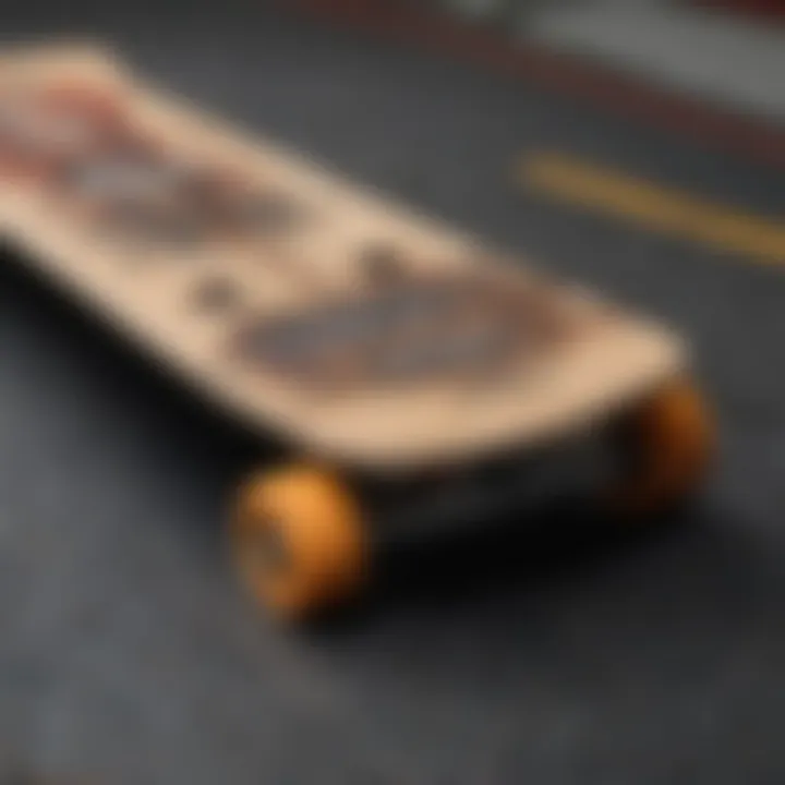 Close-up view of a Grimple Stix skateboard showcasing its unique deck graphics