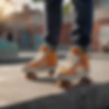 A group of skaters showcasing their unique skate shoe styles on a skate park