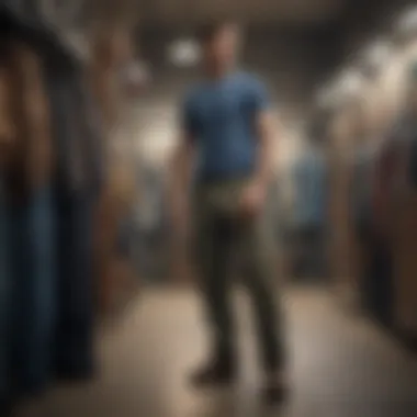 A shopper trying on cargo pants in a fitting room