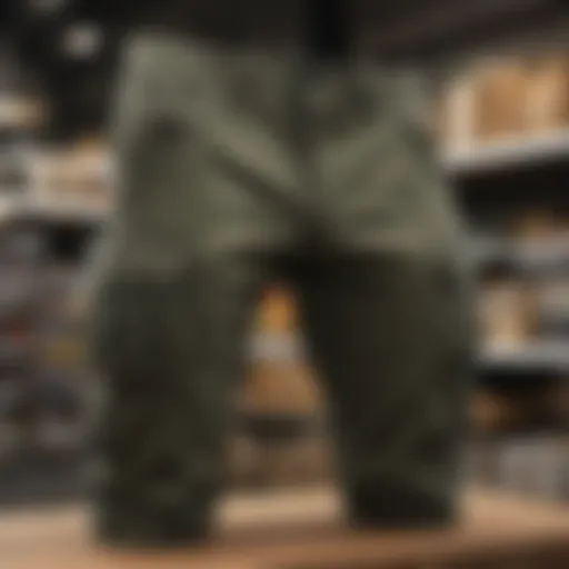 Stylish cargo pants displayed on a retail shelf