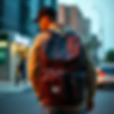 A stylish urban scene featuring the Herschel mid-size backpack, perfect for everyday use