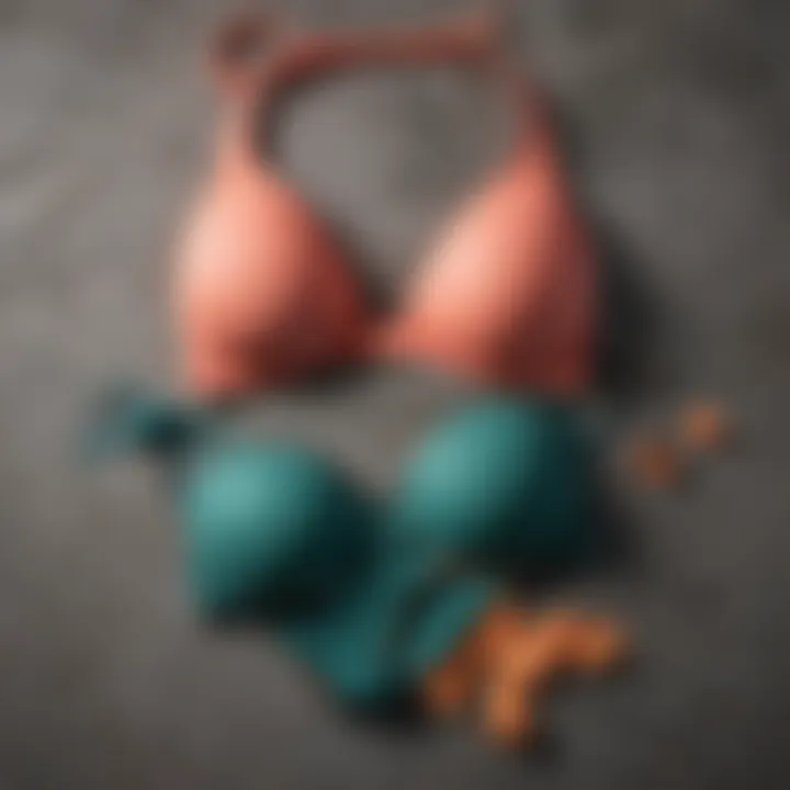 Variety of triangle bikini tops laid out on a surface