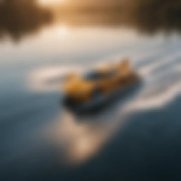 An aerial view of a serene water body with hydrofoils in motion