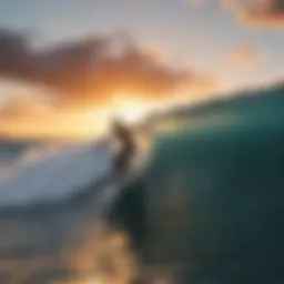A surfer catching a wave at sunset on Oahu