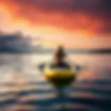 Inflatable paddle board on serene waters